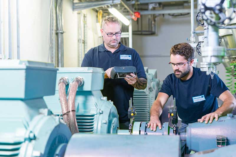 Techniker von Mock & Schlögel führen eine Messung an Elektromotoren durch